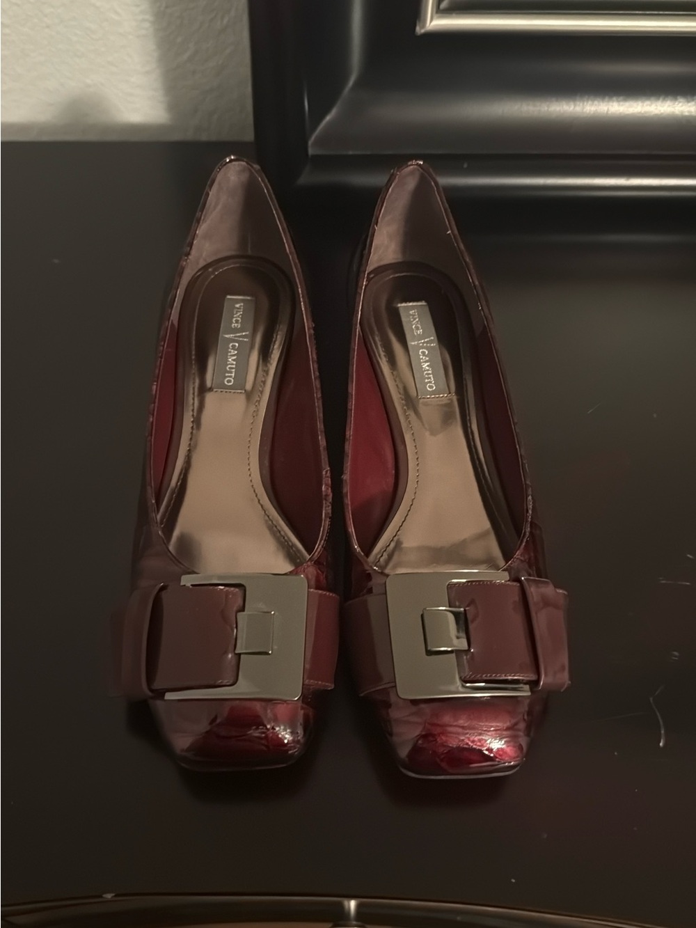 Vince Camuto Burgundy Patent Leather Buckle Pumps